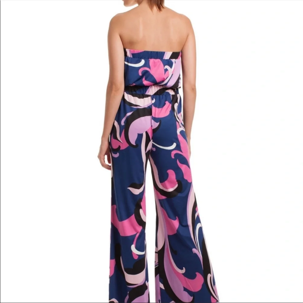 Trina Turk Blue Pink Black Strapless Printed Jumpsuit
